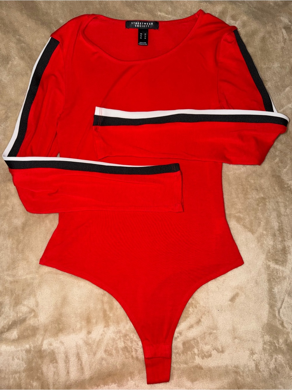 Streetwear Society Red Long-Sleeve Bodysuit with Black and White Stripe Trim